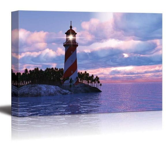 Wall26 Beautiful Scenery of Dramatic Sunset with Lighthouse on Island in Sea - Canvas Art Wall Decor - 16" x 24"