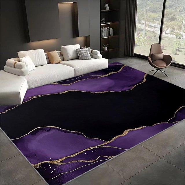 Washable Area Rug for Living Room 8x10 ft Purple Marble Lines 3D Print Decor Carpet, Non Slip Stain Resistant Large Area Rugs, for Bedroom Dining Room Office