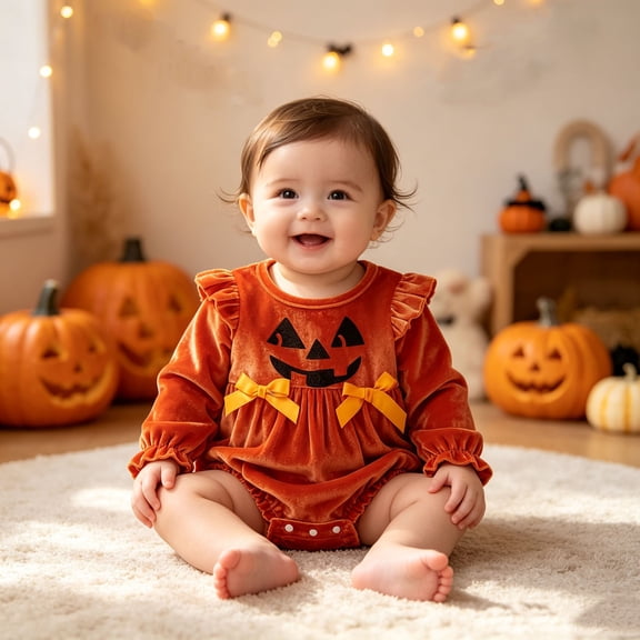 CUZIBR Baby Girls Velvet Halloween Romper Pumpkin Print Face Embroidery Ruffle Long Sleeve Bodysuit With Cute Bow Snap Crotch Newborn Infant Halloween Costume Outfit,Red,0-3 Months