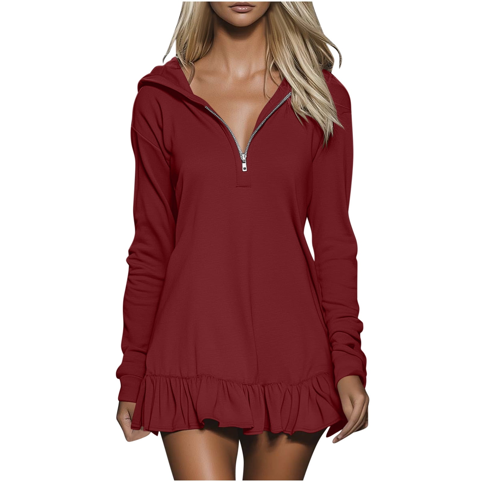 BiZtdJrK Hoodie for Women Half Zip Long Sleeve Mini Dresses Summer Ruffle Hem Athletic Golf Skirts Workout Casual Vacation Outfits, Red, XXL