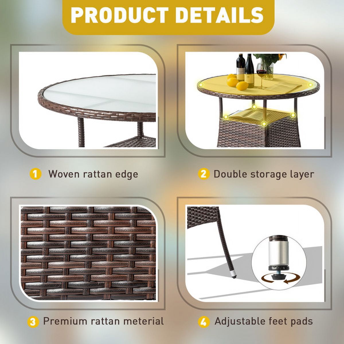 31.5" Patio Table for 4-Person, Outdoor Patio Wicker Round Dining Table, All-Weather Rattan Bistro Dining Table w/Glass Tabletop for Backyard Deck Porch Poolside, Brown