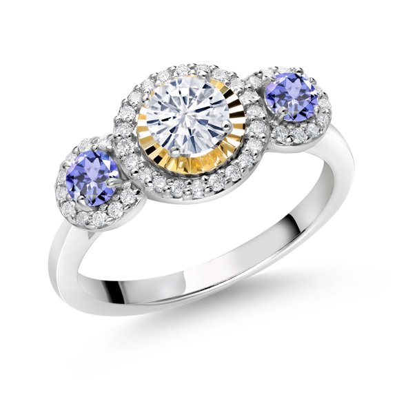 Gem Stone King 925 Silver and 10K Yellow Gold Round White Moissanite Tanzanite Blue and Lab Grown Diamond 3-Stone Engagement Ring for Women (0.84 Cttw, Size 6)