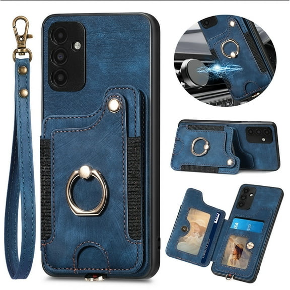 ELEHOLD for Samsung Galaxy A12 5G Case with Ring Holder, Galaxy A12 5G Wallet Case with RFID Blocking Card Holder Wristlet Strap, Magnetic Button Flip Folio Kickstand Shockproof Phone Cover,Blue