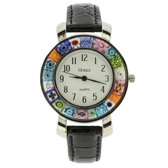 GlassOfVenice Serena Murano Millefiori Watch With Leather Band - Black