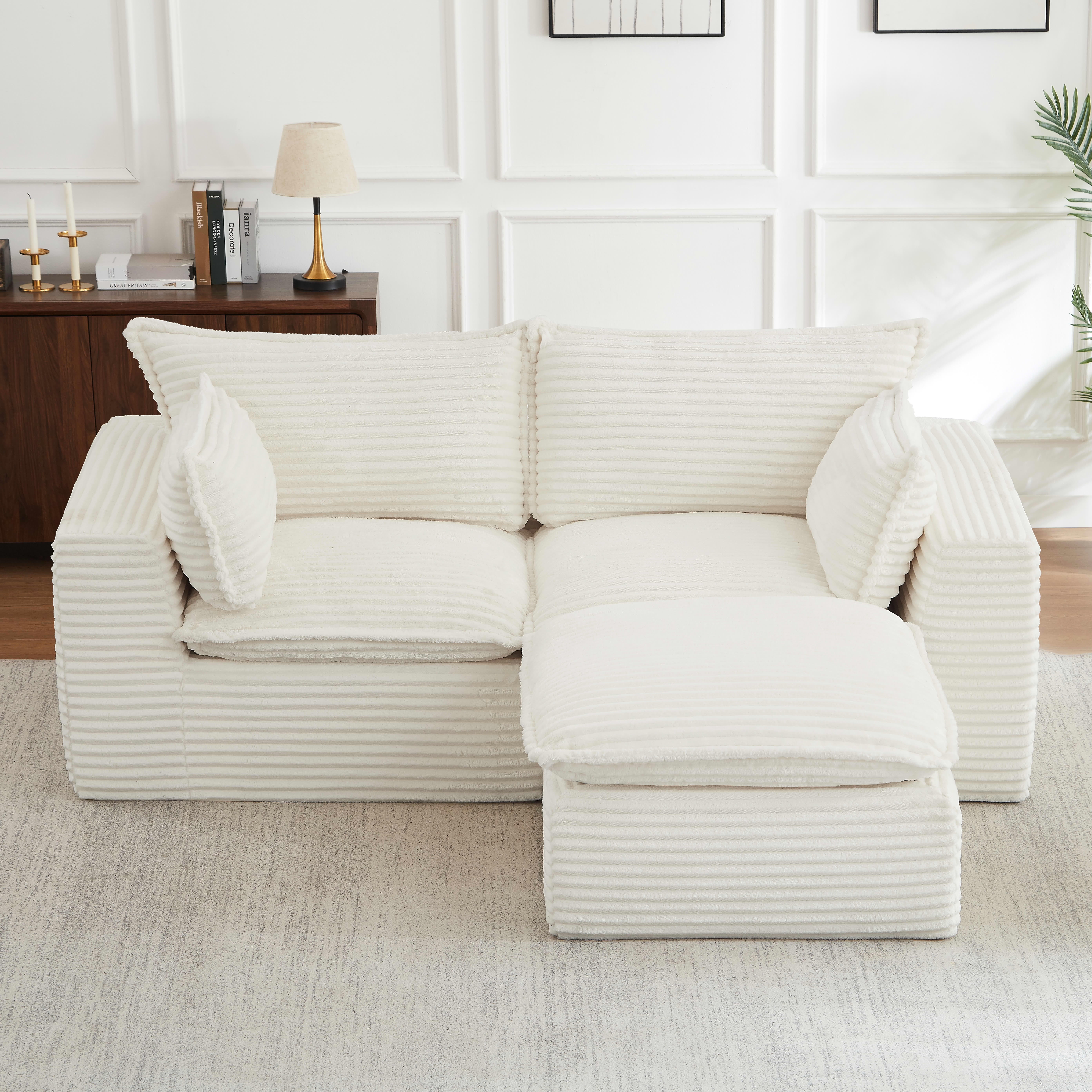 MAYEERTY Corduroy Oversized Sectional Sofa, Cloud Convertible L-Shape Couch with Ottoman for Apartment, White