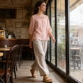 thumbnail image 4 of CIENVNSTG Two Piece Sets for Women Summer Casual 3/4 Sleeve Embroidered Tops Capri Pant Cotton Linen Lounge Set with Pockets Matching Sets Pink M-2, 4 of 7