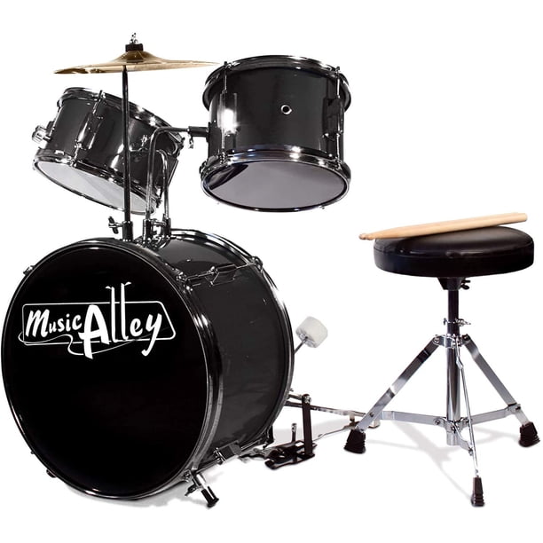 Batería Music Alley Kids de 3 piezas con pedal Throne Cymbal, color negro