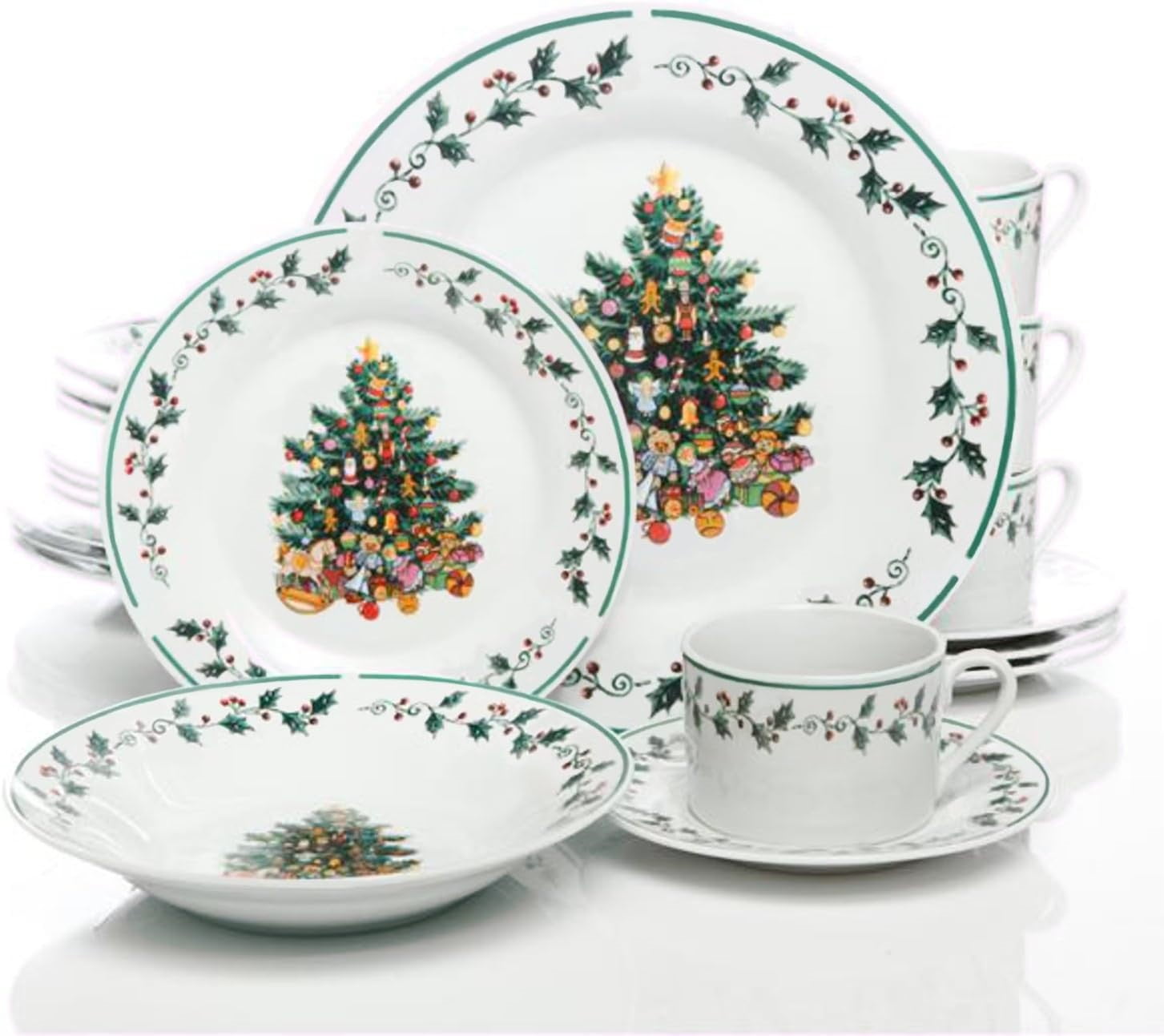 Gibson Home 20-Piece Ceramic Christmas Tree Trimming Dinnerware Set – Holiday Dinnerware with Christmas Tree & Holly Design