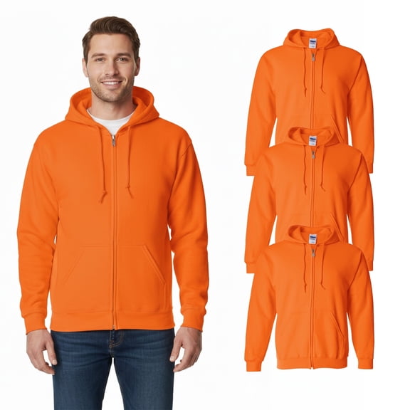 Gildan Hi-Vis Safety Orange Full-Zip Hoodie, Men's Zip Jacket Work Hooded Sweatshirt, 3 Pack, S