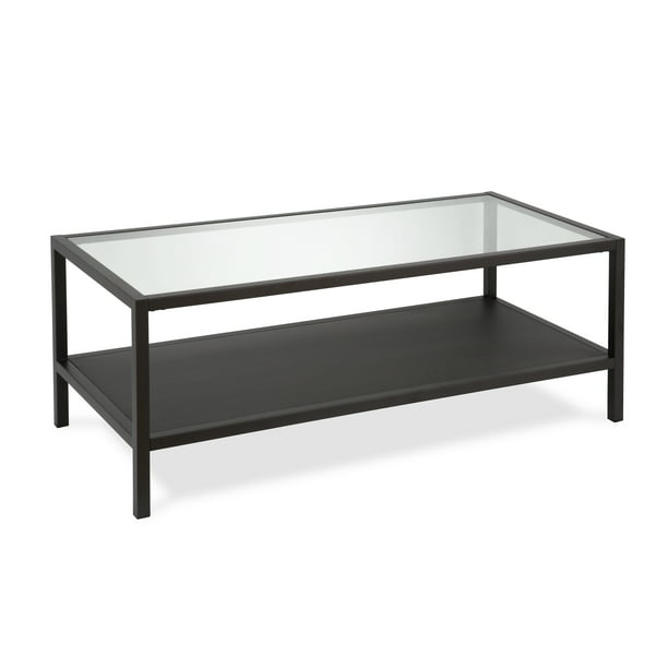 Evelyn Zoe Contemporary Metal Coffee, Black Metal Rectangle Coffee Table With Glass Top