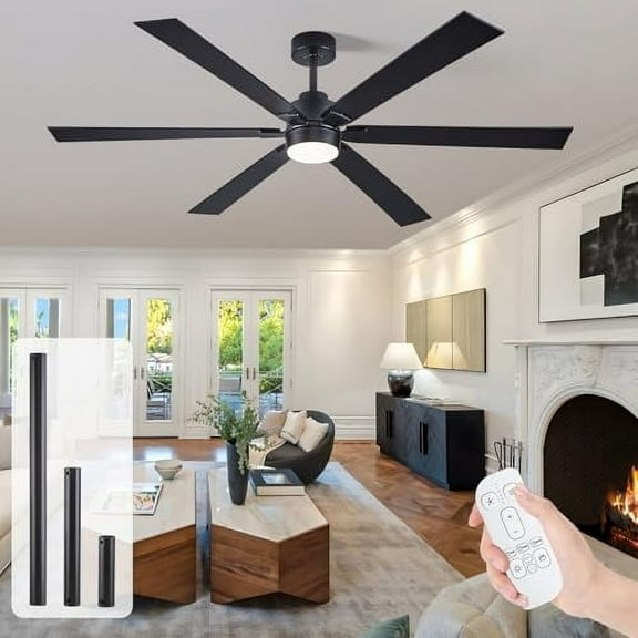 66 Inch Large Outdoor Ceiling Fans for Patios with Lights, Modern Black Ceiling Fan with Light and Remote, 6 Blades Reversible DC Motor Ceiling Fan for Indoor Living Room Porch Gaz