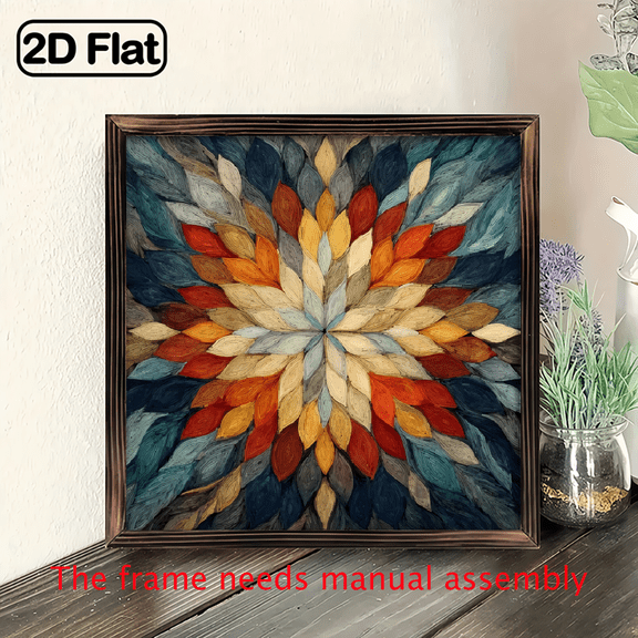 2D Flat, 8x8 Inch Rustic Wood Framed Vintage Mandala-like Floral Wall Art - BeigeBrownTealRedGoldenGrayBlackWhite Mosaic-like Boho Farmhouse Decor - IndoorOutdoor Durable Wood for Home, Kitche