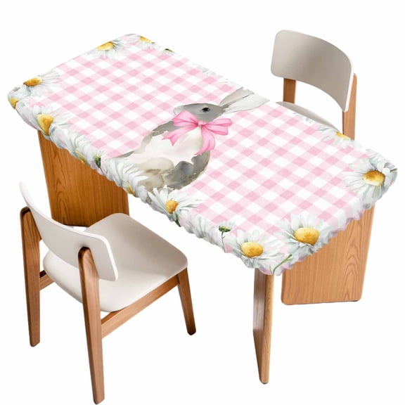 Blue Easter Bunny Table Cloths for 5 Foot Rectangle Tables, Spring Daisy Modern Pink Buffalo Plaid Patio Waterproof Elastic Fitted Tablecloths, Washable Rectangular Table Cover for Camping