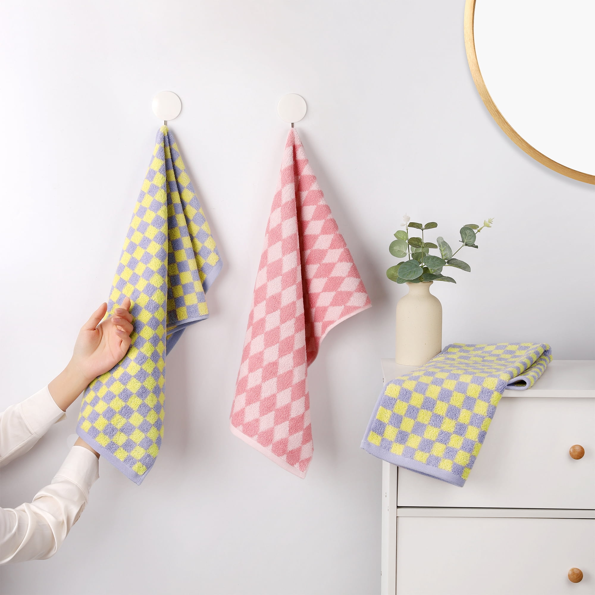 Unique Bargains Checkered Cotton Hand Towels for Bathroom Kitchen Blue Green 4-Piece