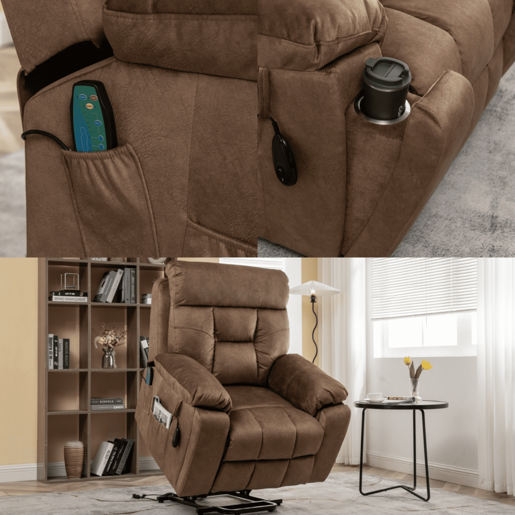 Power Lift Recliner Chair for Father/Mother Gift, 26" Wide Velvet Electric Massage Recliner with Massage & Heat, Living Room Chair, Antique Brown
