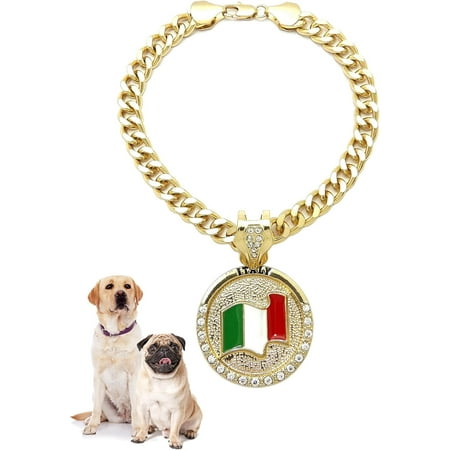 Icemond Rhinestone Studded Italy Flag Pendant 18 /26 Cuban Chain Fashion Costume Jewelry Necklace for Dogs in Gold or Rhodium Tone