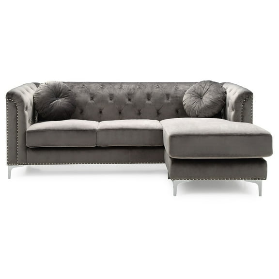 Dark Gray Tufted Velvet Sectional Sofa - 83" L - Modern Living Room Seating with Pillows