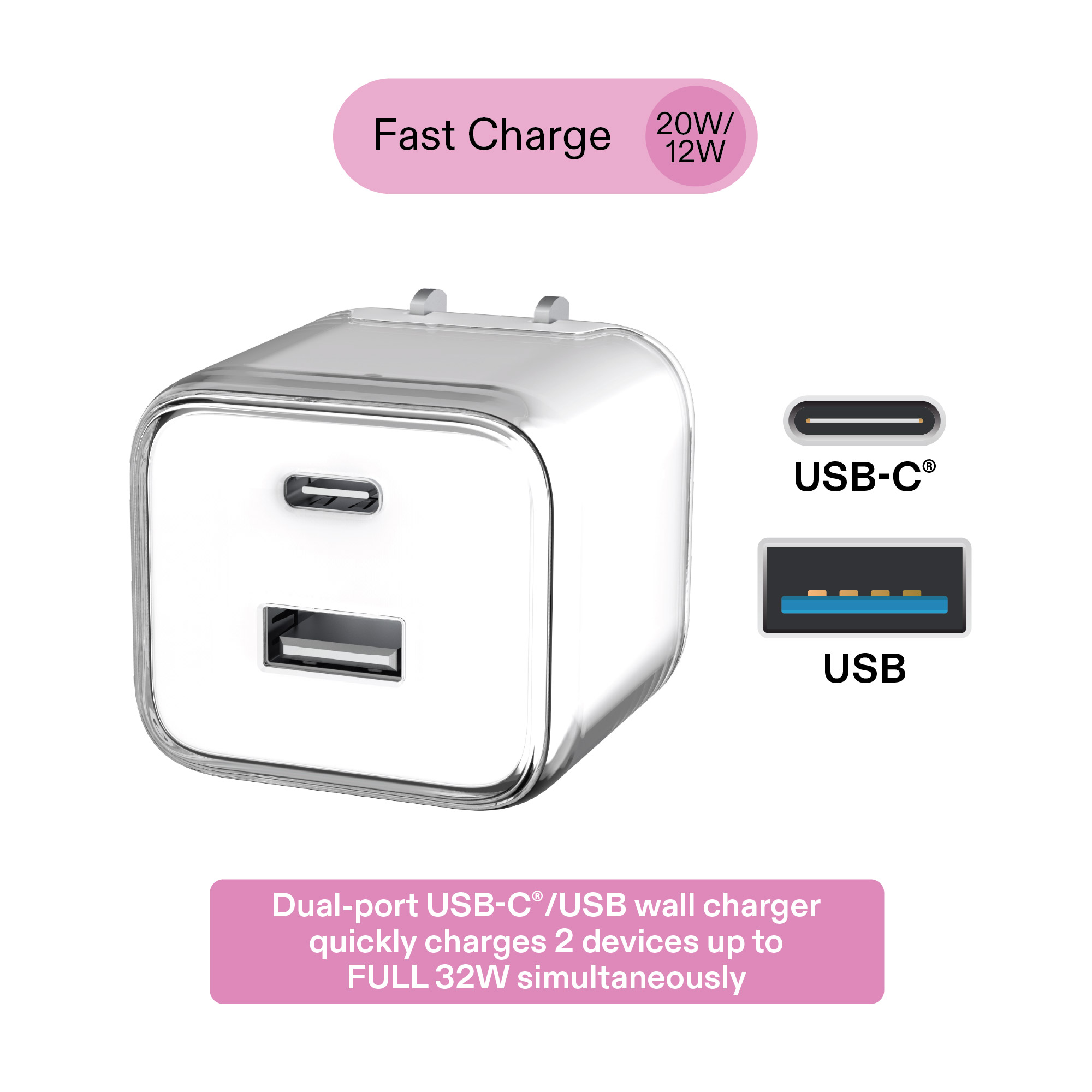 Cargador de pared onn de 32W con doble puerto USB-C y USB-A, carga rápida, certificado USB-IF, enchufe plegable, compatible con iPhone, iPad, AirPods, Samsung Galaxy, Note, Pixel y más - Blanco 2
