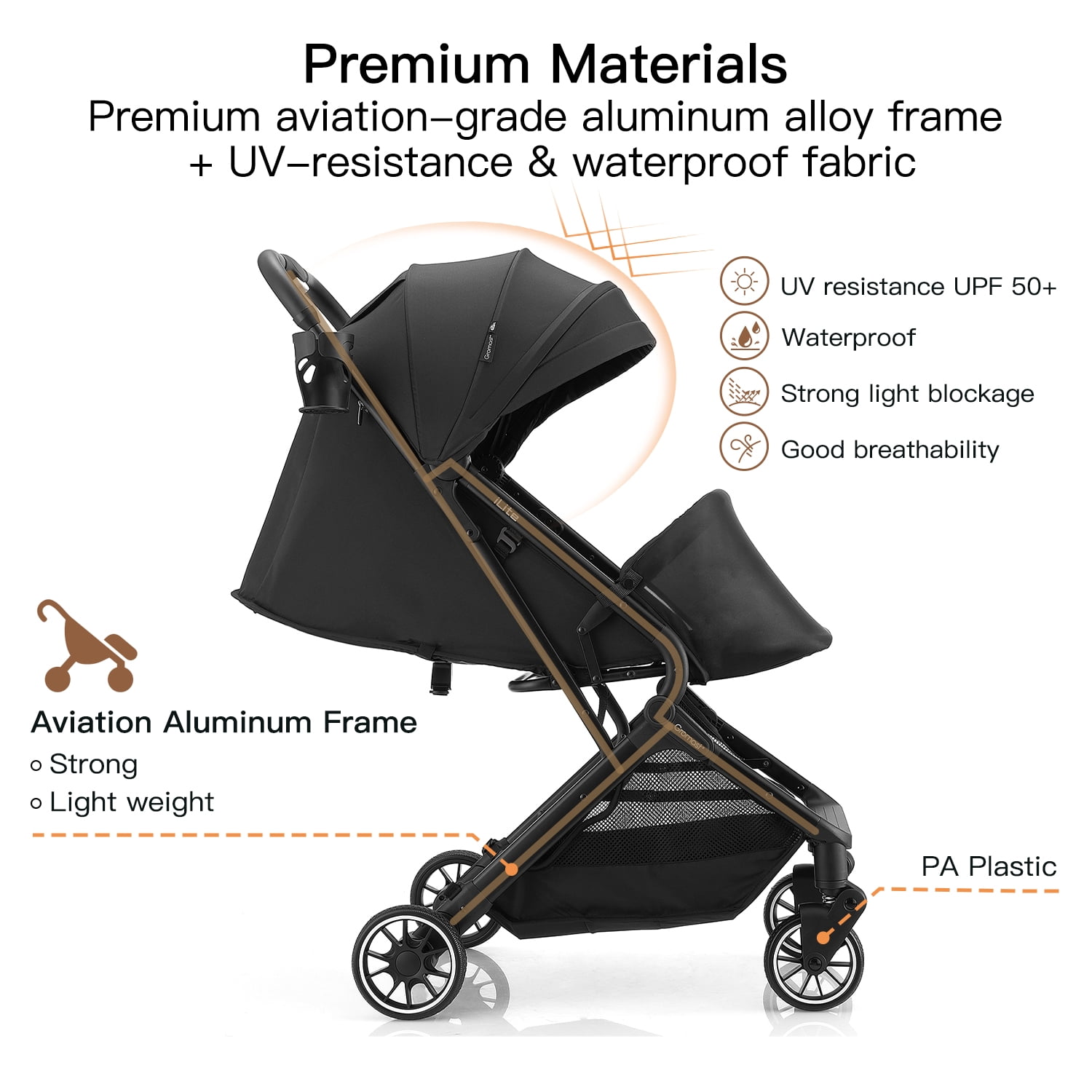 Gromast Compact Fold Baby Stroller, Lightweight Travel Toddler Stroller with One-Click Fold, Extendable UPF50+ Canopy, Cup Holder, UV Protected and Waterproof, One-Hand Folding - Black