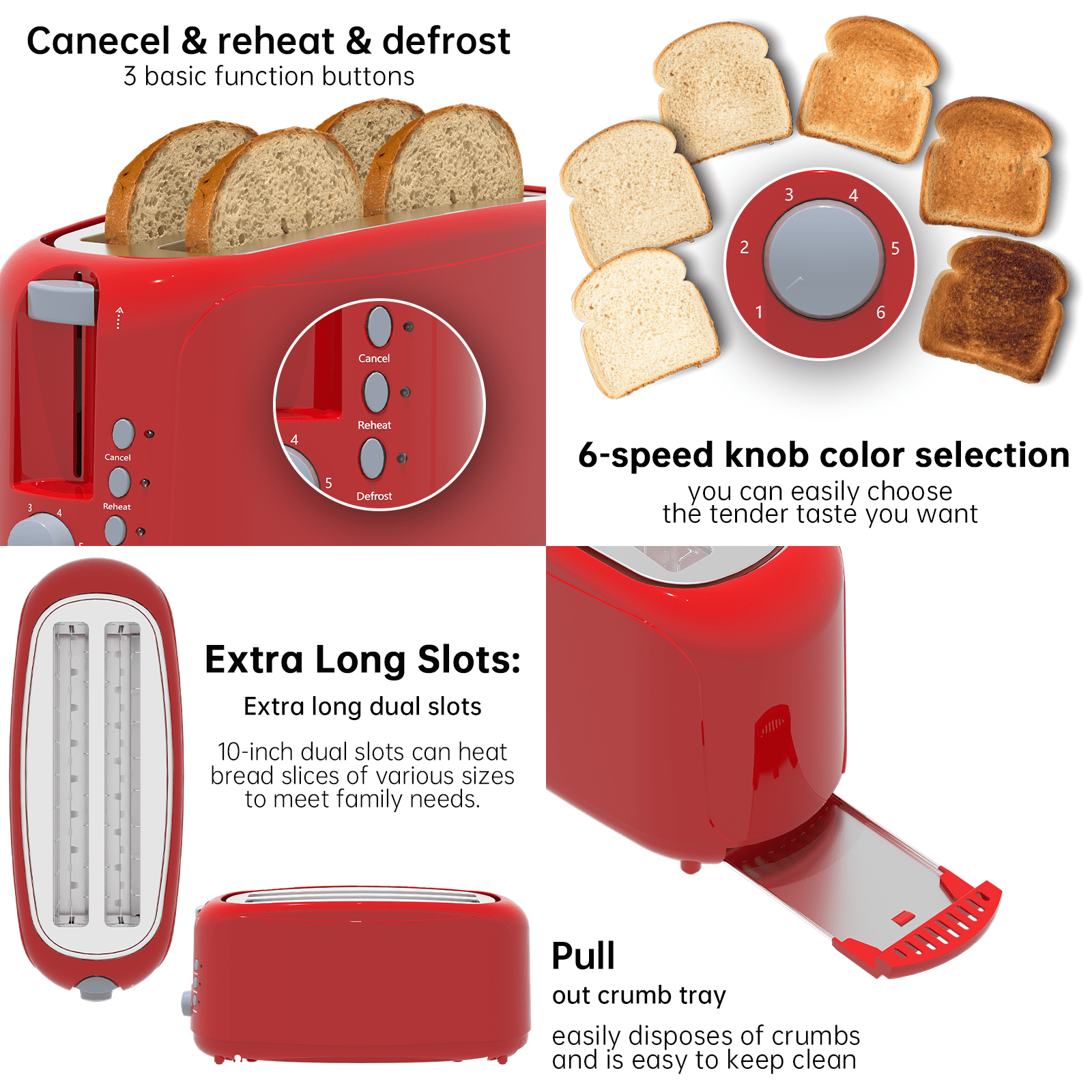 4 Slice Extra Long Slot Toaster with 6 Browning Levels & Defrost/Reheat Functions,Waffles,Red