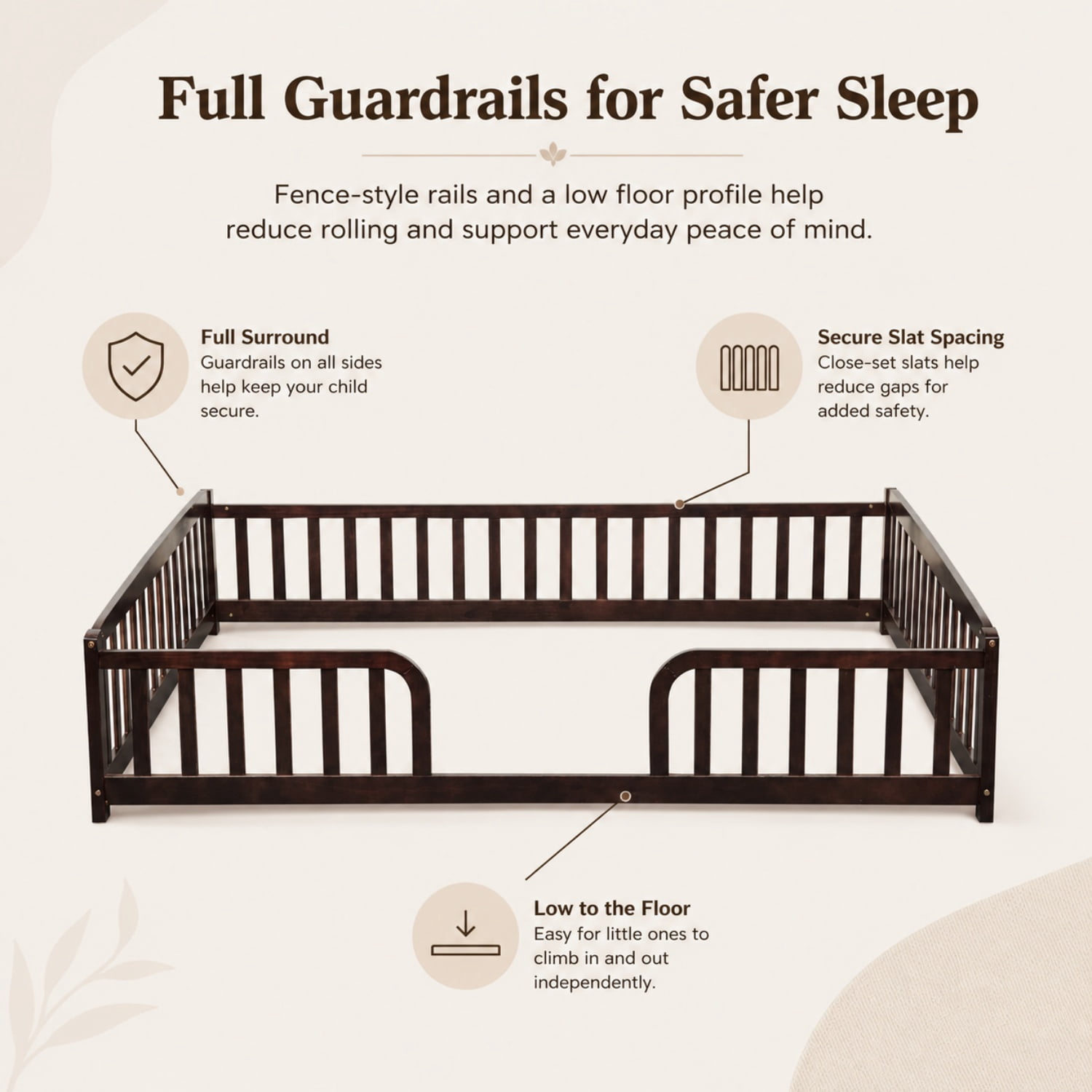Miniyam Full Size Floor Bed with Guardrails, Low Profile Wooden Kids Bed Frame with Rounded Entrance, Espresso