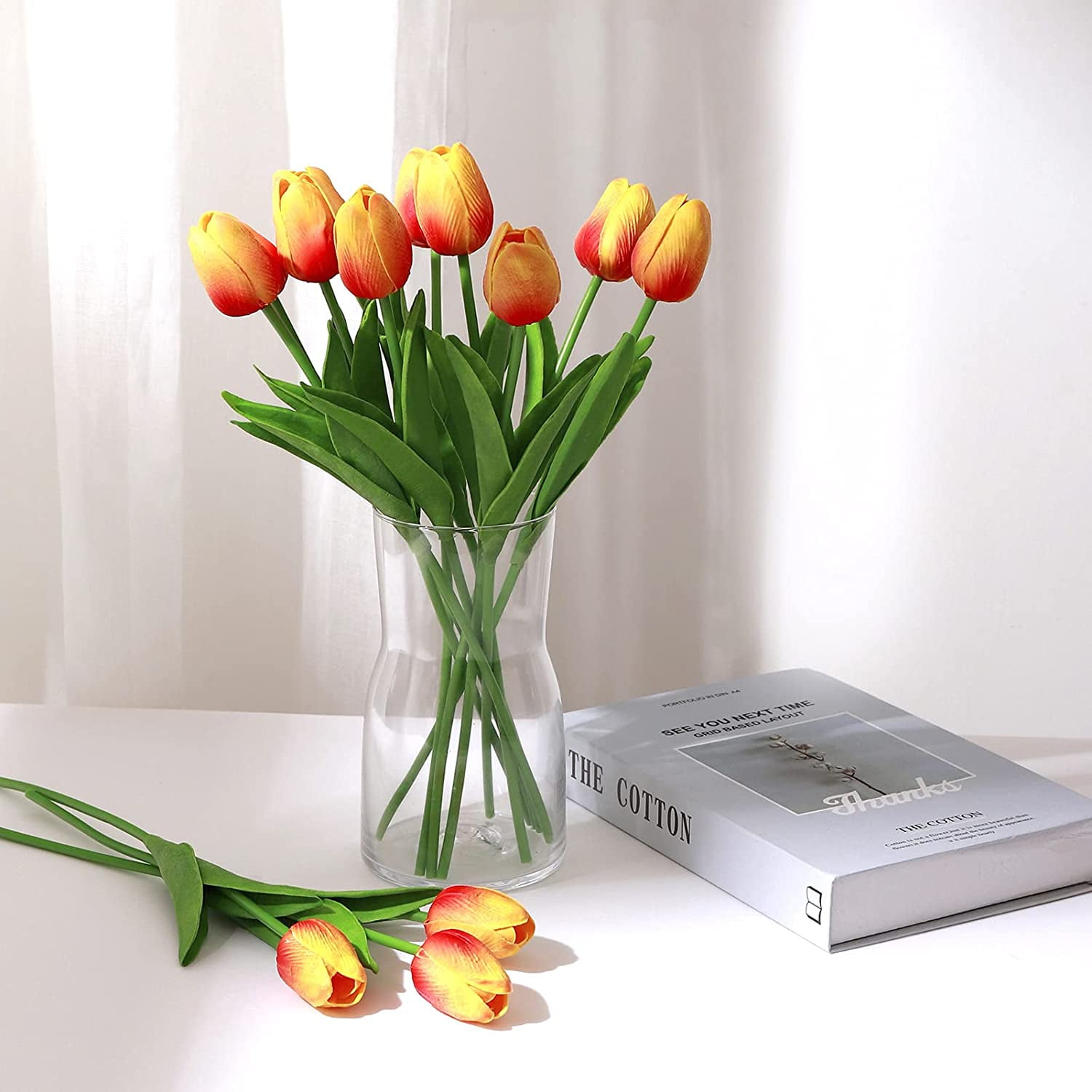 White Artificial Flowers 20 Pcs Faux Tulips PU Real Touch Fake Flowers for Home Office Wedding Decor Arrangement Bouquet Faux Flowers for Decoration