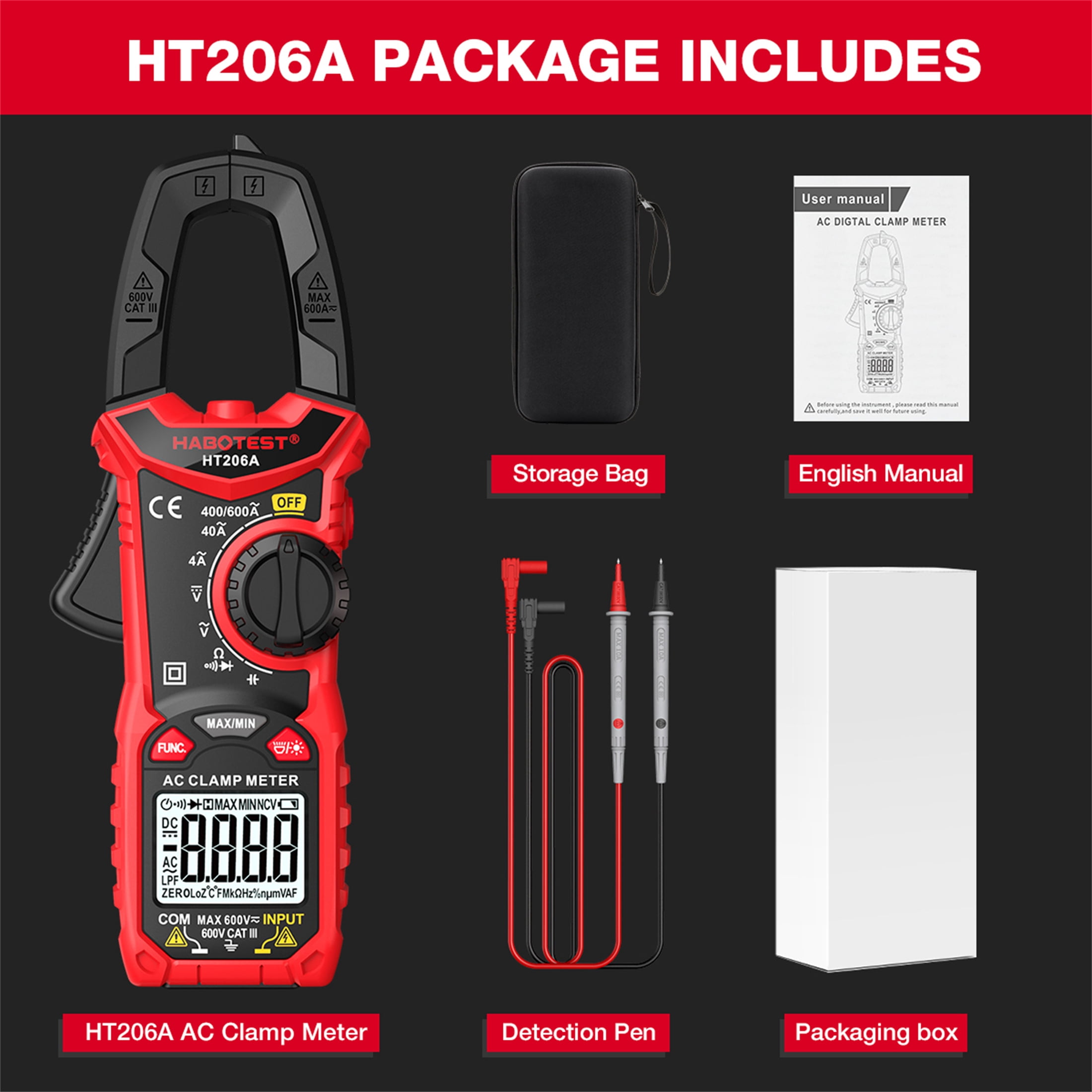 HABOTEST HT206A Clamp Meter Multimeter Automatic High Precision Digital Ammeter Clamp Meter for Measuring Voltage, Current, NCV Clamp Multimeter