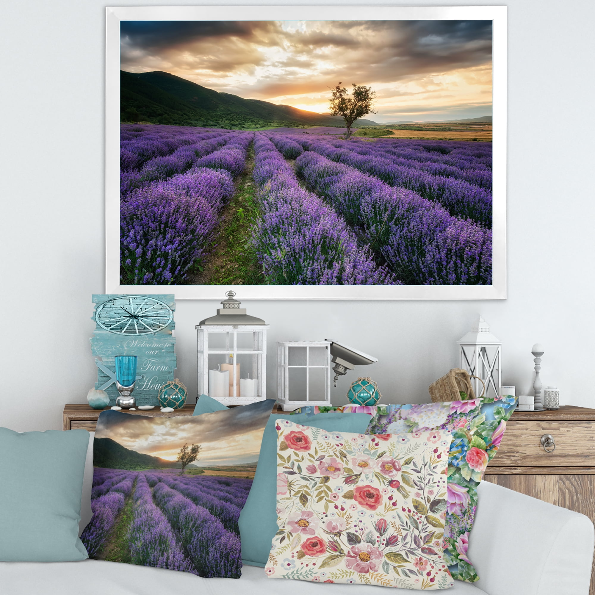 Designart 'Dramatic Clouds and Sunrise Over Lavender Field VII' Farmhouse Framed Art Print
