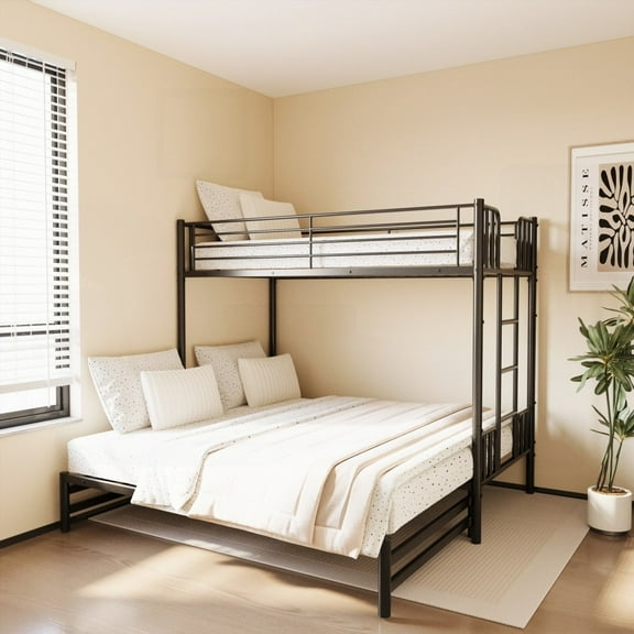 Twin Metal Bunk Bed with Guardrail & Built-In Ladder, Black, Offering Space-Saving & Storage