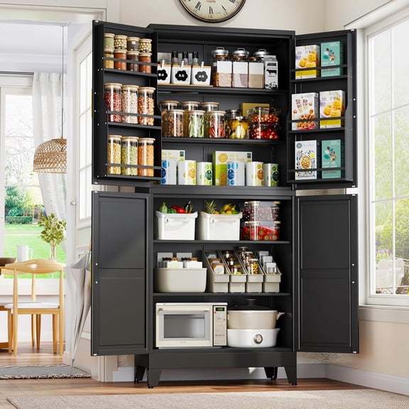 47.25" Metal Storage Cabinet, Black Kitchen Food Storage with 4 Door and 2 Adjustable Shelves, Freestanding Bathroom Cabinet, Pantry for Kitchen Dinning Room