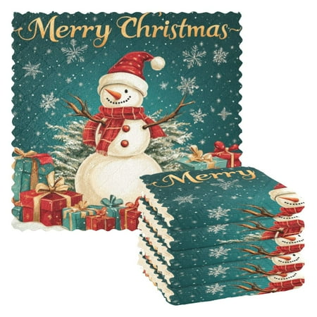 6 Pieces of Kitchen Towels 11x11Inch Kitchen Dish Cloths Kitchen Dish Towels Reuseable Cleaning Cloths Christmas Lovely Snowman Picture