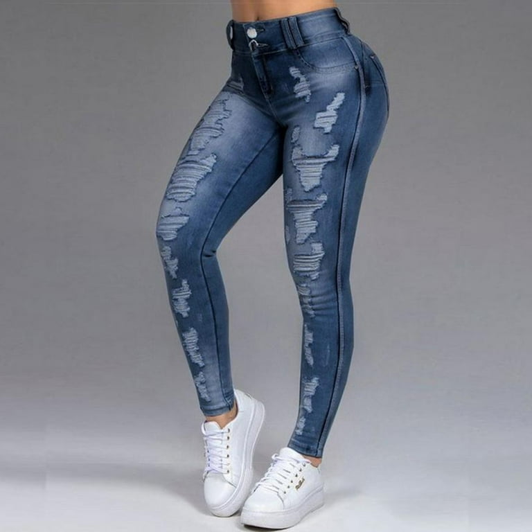 fvwitlyh Tummy Control Jeans for Women Women's Ripped Mid Rise Frayed Hem  Denim Stretchy Skinny Jeans