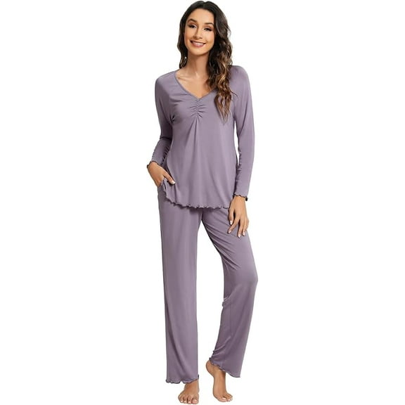 WiWi Womens Viscose from Bamboo Pajamas Set Long Sleeve Top with Pants Sleepwear Soft Knit Pajama Pjs S-XXL, Violet, Medium