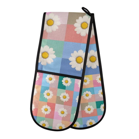Yayeee Double Oven Mitt Kitchen Heat Resistant Baking 35" x7" Quilted Glove, Pink Checkered Daisy