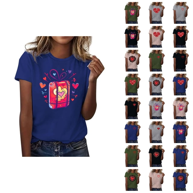 T-shirts de la Saint-Valentin pour Femmes 2026 à Manches Courtes Col Rond avec Cœur Graphique