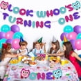 thumbnail image 5 of Cartoon Owl 1st Birthday Party Decorations for Boys Girls with Look Whoo's Turning One Banner Latex Balloon, Owl One Cake Topper, Kids First Birthday Decoration Supplies, 5 of 6