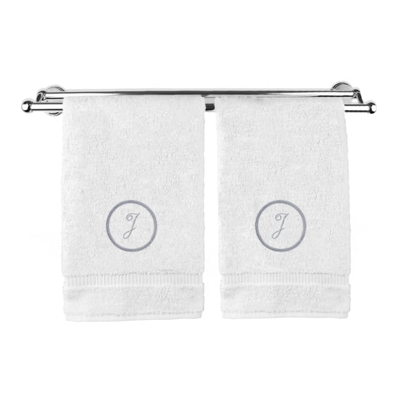 Monogrammed Hand Towel, Personalized Gift, 16 x 30 Inches - Silver Letter Embroidered with Circle Design on White Towel - Extra Absorbent - 100% Turkish Cotton - Soft Terry Finish - Initial J