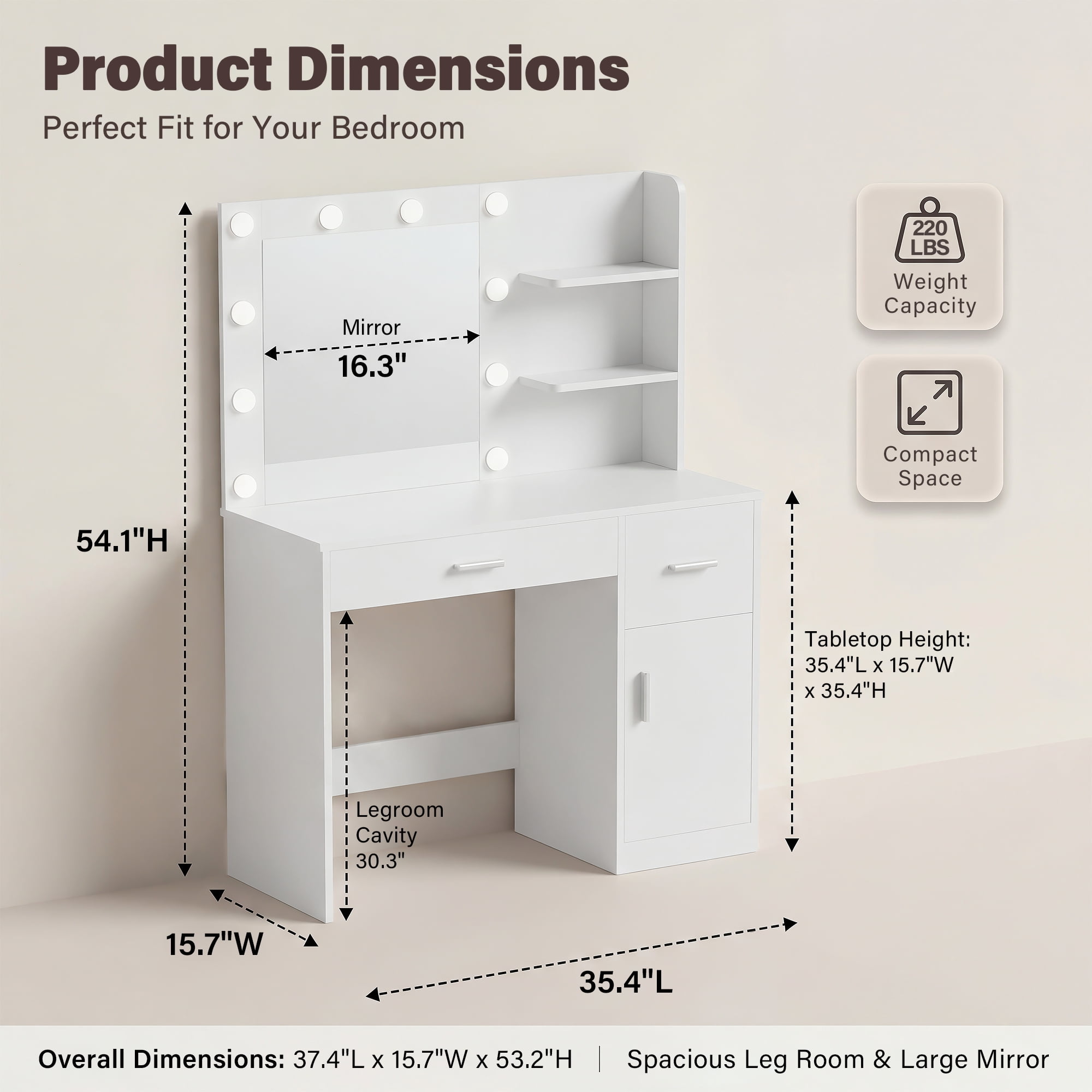 Vineego Makeup Vanity Desk with Mirror, Vanity Set with Charging Outlets and LED Lights, Vanity Table with Storage Shelves Drawers and Cabinet for Bedroom Dressing Room, White