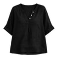 thumbnail image 3 of CaComMARK PI Linen Shirts for Women V Neck 3/4 Sleeve Loose Fit Cotton Tops Button Down Casual Dressy Clothes for Summer Black, 3 of 7