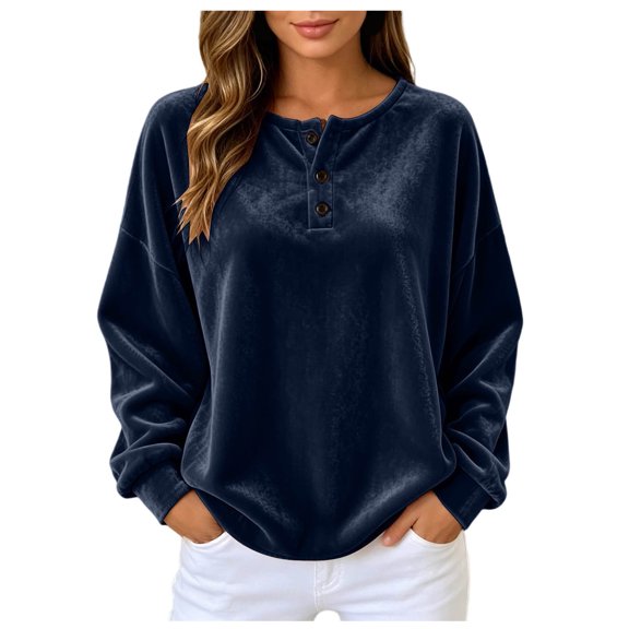 GEWSEY Velvet Blouses for Women Long Sleeve Crewneck Dressy Casual Velour Shirts Cocktail Evening Party Outfits (Blue, M)
