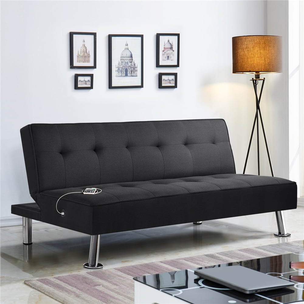 Alden Design Modern Fabric Convertible Futon with USB, Black