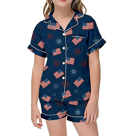 JCCXIN Child Toddler Girls Sleepwear US National Flag Lapel Children Fashion Independence Day Print Button Down Lapel Short Sleeved Top Shorts Set Sweet Leisure Homewear Dark Blue 6-7 Years