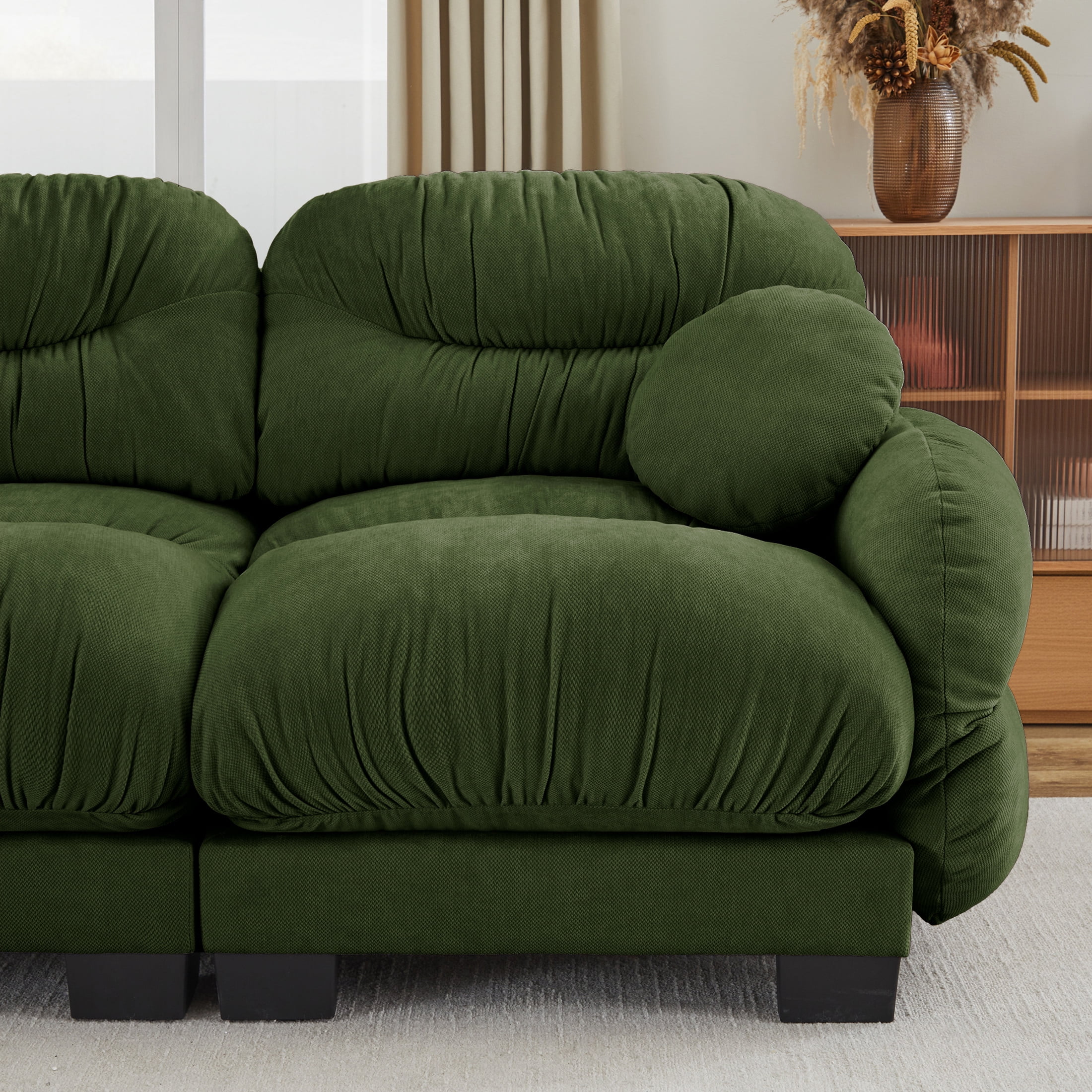 Noble House Corlan Pleated Chenille 3-Seater Sectional Sofa, Modular Deep Seat Couch with Throw Pillows, Green