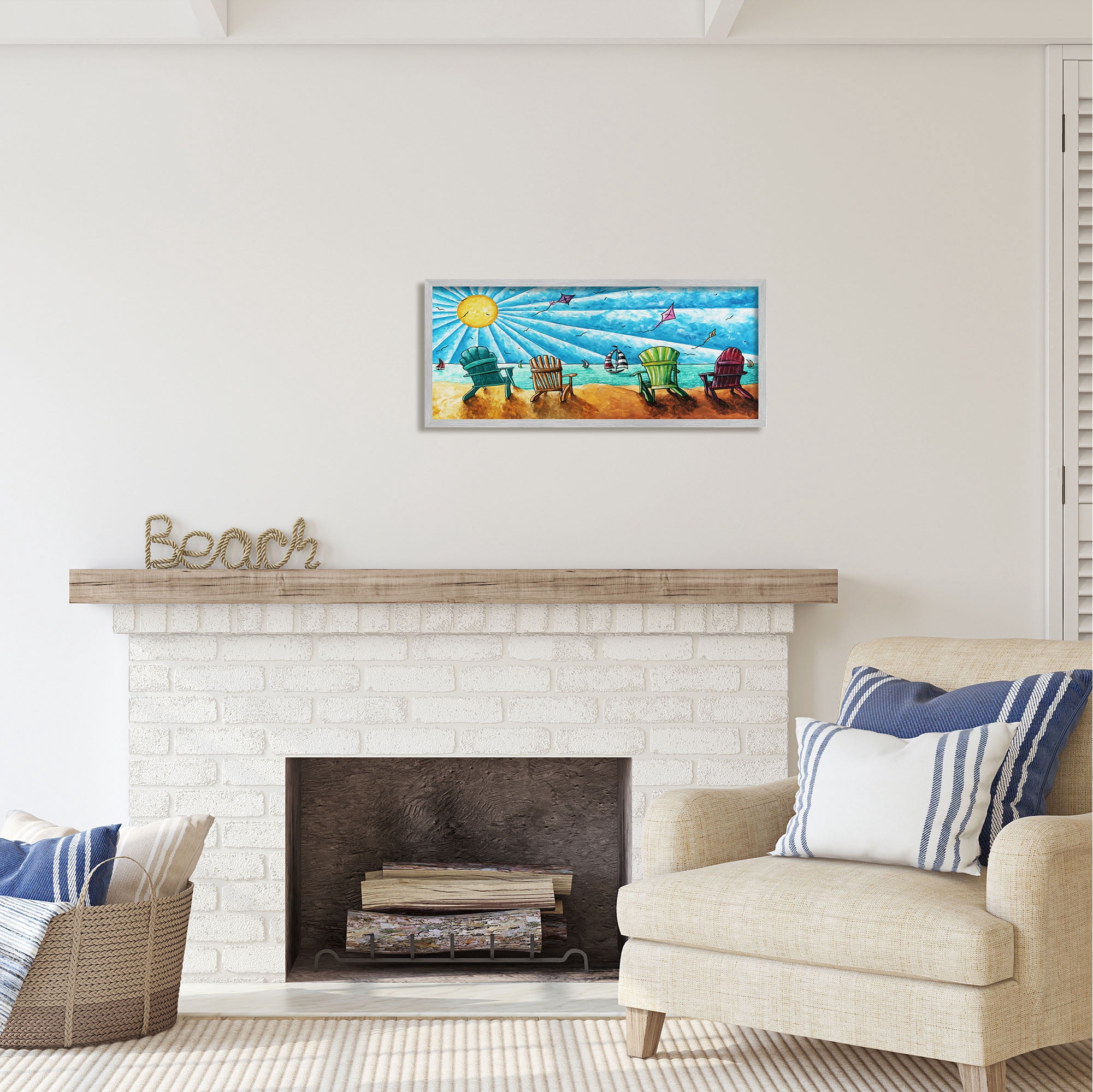 Stupell Industries Kites Flying on Beach Nature Painting Gray Framed Art Print Wall Art, 30 x 13