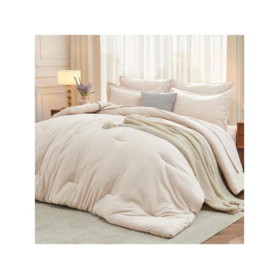 7 Pieces Full Comforter Set, Soft Bed in a Bag Full Size, All Season Bedding Set with Comforter, Flat Sheet, Fitted Sheet, Pillowcases & Shams, Beige