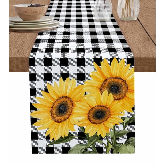 Ldtrchee Sunflower Table Runner 72 Inches, Black Plaid Cottagecore Botanical Floral Bed Runner Dresser Scarves Tabletop for Indoor Outdoor Parties/Ceremony/Banquet, 14" x 72"
