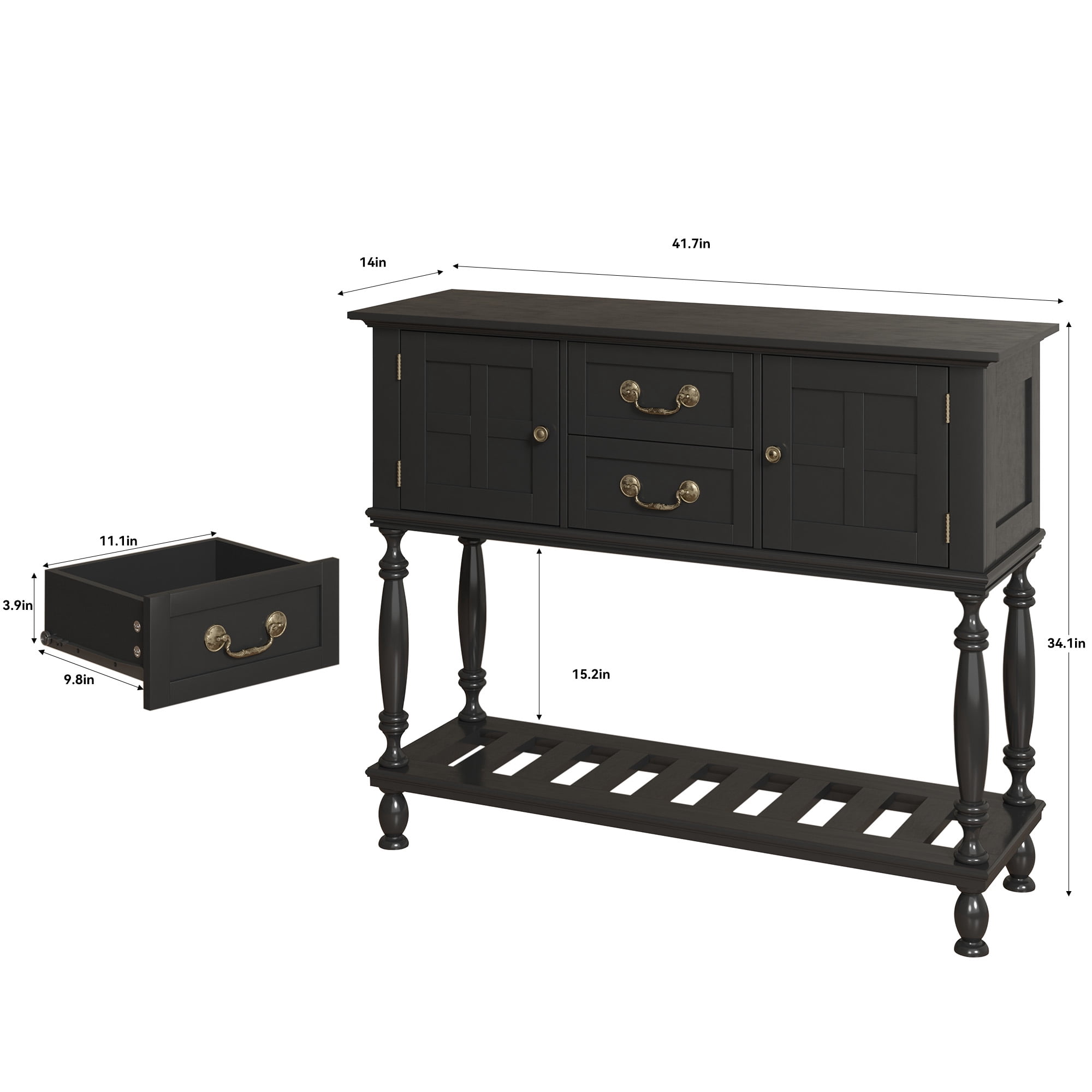 ZOSQUARE 42" Black Console Table with 2 Drawers and Cabinets, Farmhouse Entryway Table with Turned Legs and Bottom Shelf, Vintage Sofa Table for Living Room