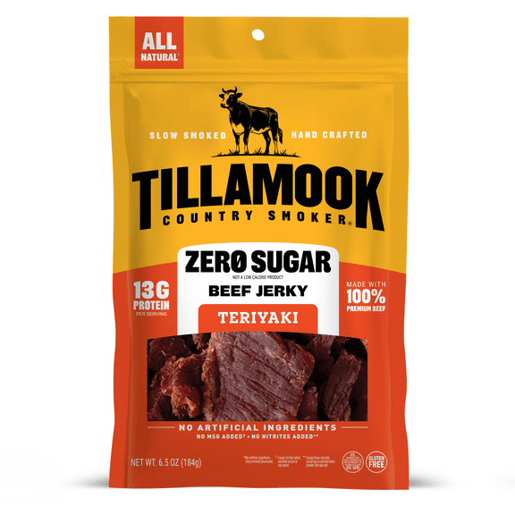 Tillamook Country Smoker Zero Sugar Teriyaki Beef Jerky, 13g Protein per Serving, 6.5 Oz