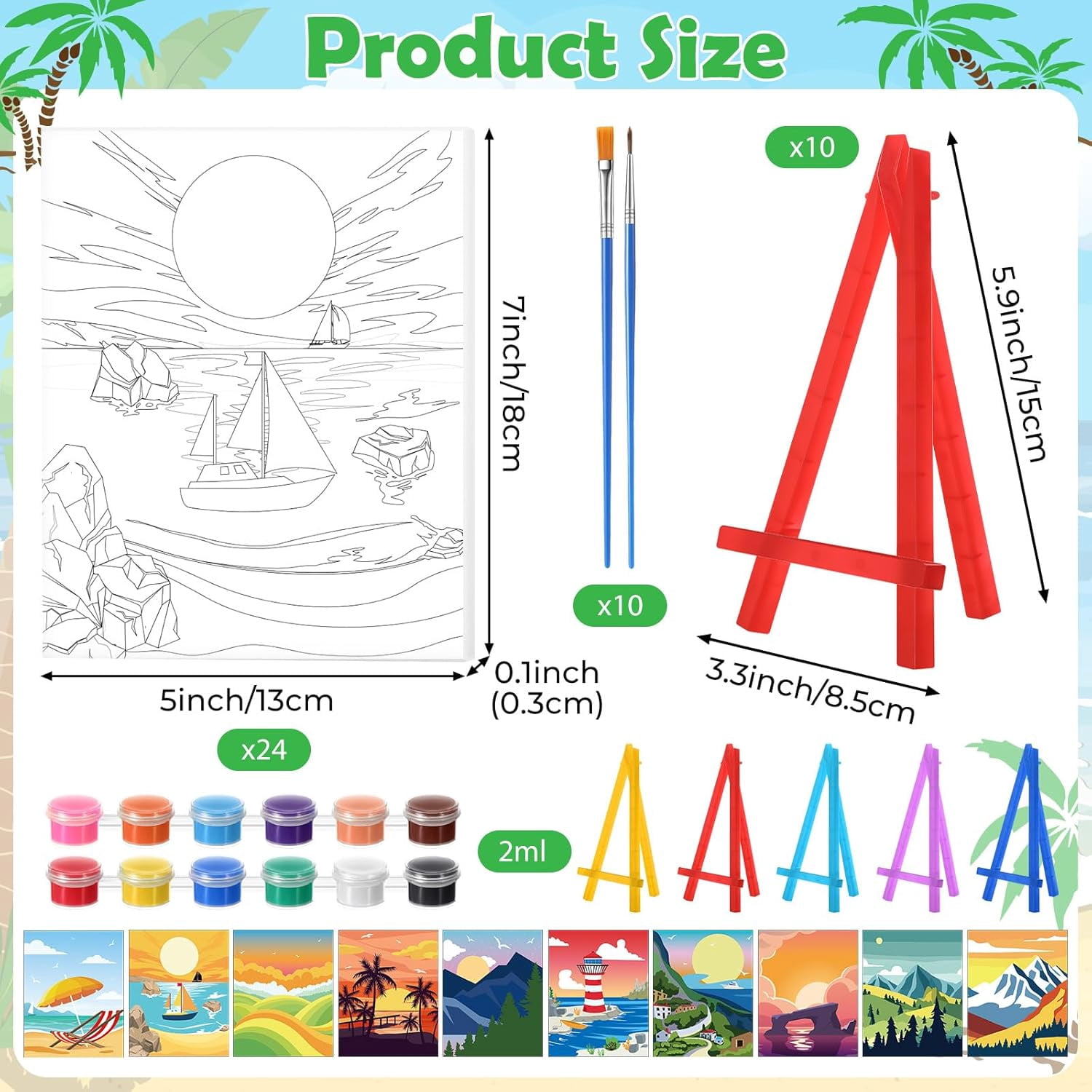 10 Set Pre Printed Canvas Pre Drawn Canvas Painting with Easel Kits 5" x 7" Outline Painting Panels for Beginners, DIY Craft Project, Home Decors(Summer)