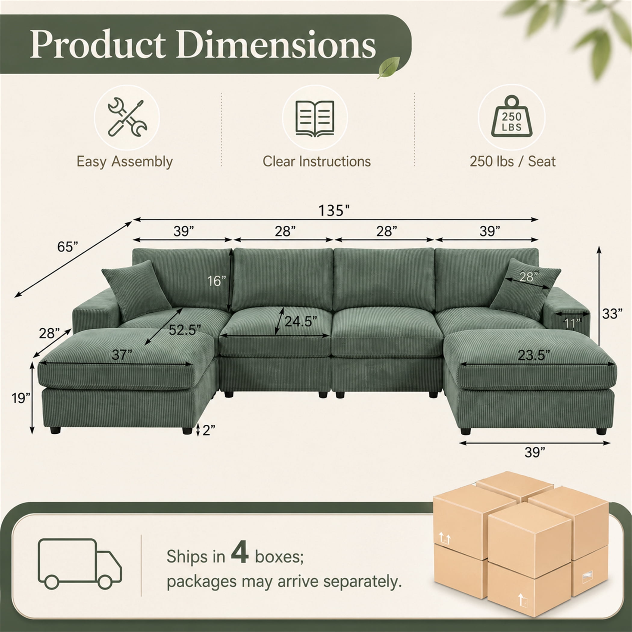 Aukfa 135" Oversized U shape Sectional Couch Modular Sofa for Living Room, 2 Ottoman&Pillows, 25" Deep Seat, Corduroy, Dark Green